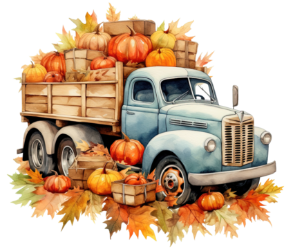 Autumn Harvest Fall Farm Truck Watercolor Isolated Illustration. Pumpkin Vegetables Bright Flowers Vintage Retro Car Illustration Perfect for T-Shirt. Transparent Background.