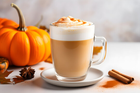 Cozy Fall Vibes, Autumn Coffee Latte in a White Glass Cup with Cinnamon and Pumpkins