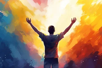 Foto op Canvas Man Raising His Hands in Worship and Praise of God. Cheering Man With Colorful Pastel Illustration Oil Painting Wall Art Wallpaper © RBGallery