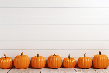 Orange Halloween pumpkins on white planks, holiday decorations on a white horizontal line wooden background. Autumn composition with copy space for text