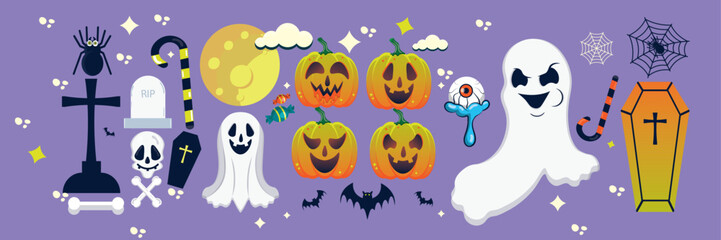 Happy Halloween set of elements, ghost, skull, bat, rip, spider web, coffin, eye ball pumpkin, and Vector