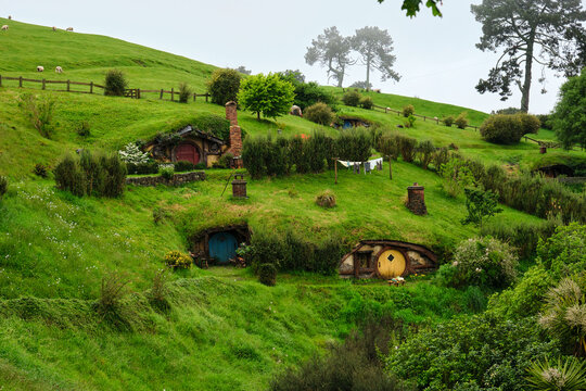 View of the Hobbiton village in New Zealand