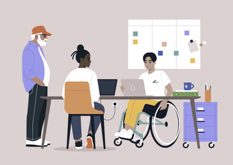 A team characterized by diversity and inclusivity engaged in a project discussion during their routine staff meeting