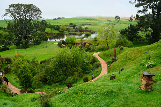 View of the Hobbiton village in New Zealand
