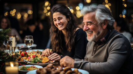 Father and daughter happy at a restaurant dinner. Generative AI - obrazy, fototapety, plakaty