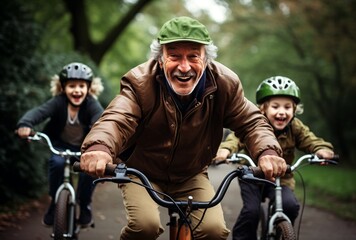 Elderly grandpa Man Riding Bikes with Kids in Park