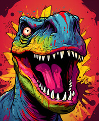 Shirt print, dinosaur, cartoon, psychedelic, parallel world, abstract reality, parallel universe, psychedelic hallucination, colorful, generative AI