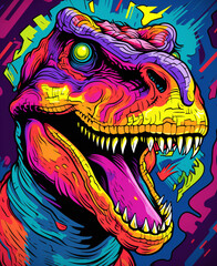 Shirt print, dinosaur, cartoon, psychedelic, parallel world, abstract reality, parallel universe, psychedelic hallucination, colorful, generative AI