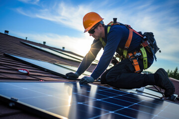 Solar panel installer working in a roof