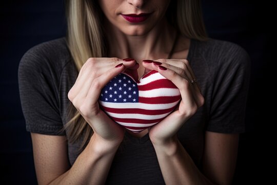 Heart with american flag colors on it in hands. Love and patriotism concept. Ai Generative