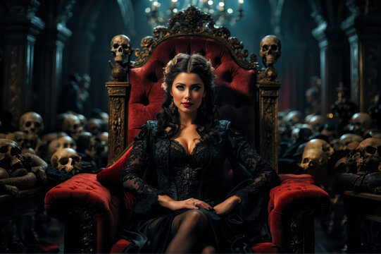 A provocative vampire woman sitting on a throne made of skulls. Halloween Concept. Generative Ai