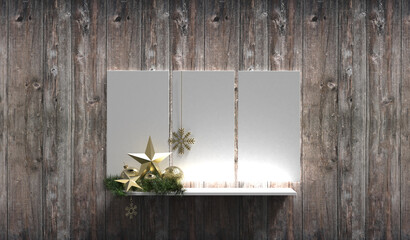 christmas greeting card golden star decoration three picture frames for DIY lighted shelf wooden background 3D CAD rendering
