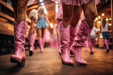 females in pink cowboy boots dancing