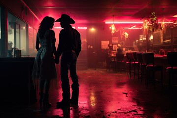cinematic western couple in the night club with neon light