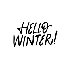Hello Winter black color lettering phrase. Hand drawn vector script art.