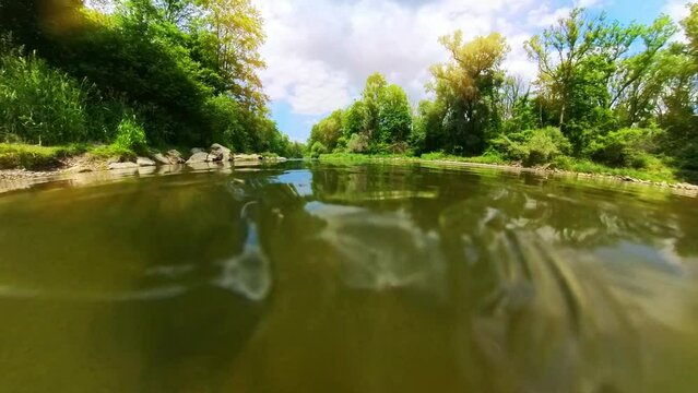 idylischer ruhiger Fluss mit gro&szlig;en B&auml;umen am Ufer, Naturschutz, Entpannung