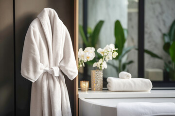 luxury and beauty of a spa, with a focus on bathrobe and towels, for health, and wellness, combined with an elegant and clean atmosphere. - obrazy, fototapety, plakaty