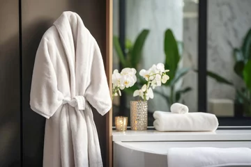 Foto op Plexiglas luxury and beauty of a spa, with a focus on bathrobe and towels, for health, and wellness, combined with an elegant and clean atmosphere. © EdNurg