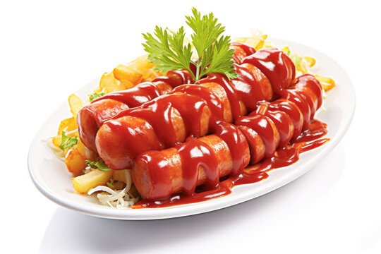 A sumptuous serving of currywurst, boasting its savory roast beef sausage and appetizing curry sauce, representing a tasty and satisfying dish for dinner or lunch.
