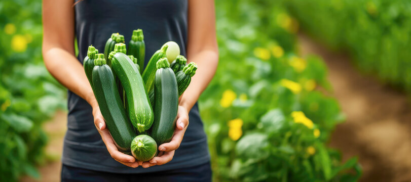 A farmer's hands cradle a bountiful collection of raw zucchinis, highlighting their organic and healthy nature, ready to be enjoyed in various culinary dishes.