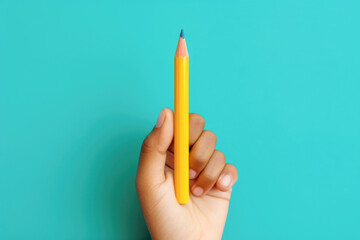 In the realm of education, a hand holding a pencil against a bright blue background embodies the...