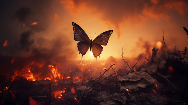 Fototapeta A beautiful butterfly Flying over the fires of war.