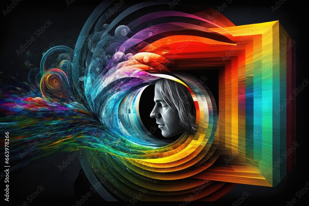 Poster female face in a tunnel with colorful abstract background