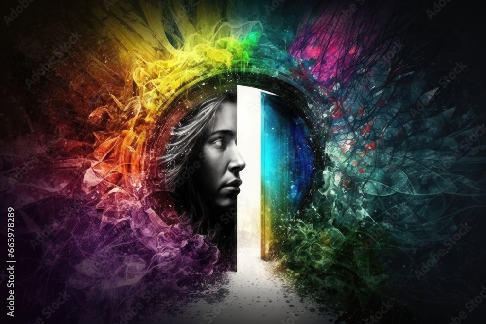 Poster conceptual image of human face with closed door on abstract background