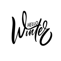 Hello winter black color lettering phrase.