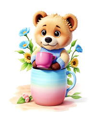 A cute bear baby in mug, flowers around, watercolor style - ai generated 