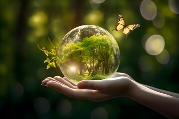 Earth crystal glass globe ball and growing tree in human hand. World Earth Day.