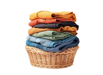 Pile of colorful clothes in a laundry basket isolated on white transparent background. PNG, washing service