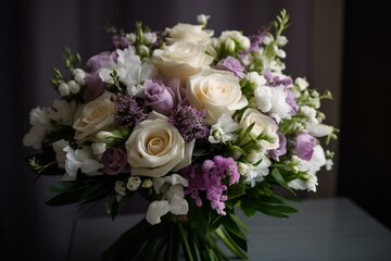 Tall lilac and white flowers bouquet with roses and lavenders. Generative AI