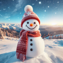 Obraz premium snowman in a knitted hat and scarf. ai generative