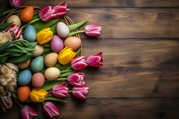 Table with colorful tulips and Easter eggs in top view. Generative AI