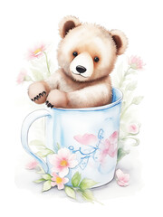 A cute bear baby in mug, flowers around, watercolor style - ai generated 