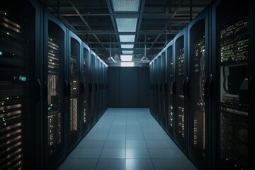 A secure room with server racks in a computer network's data center. Generative AI