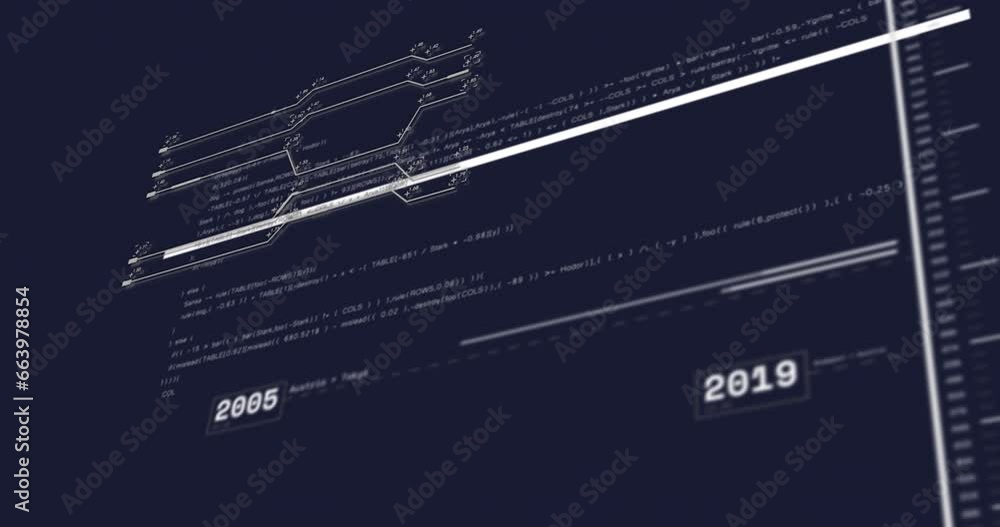 Aufkleber animation of changing numbers, circuit board pattern and computer language over black background