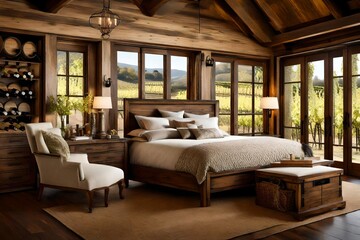 Wine country bedroom vineyard views rustic wood