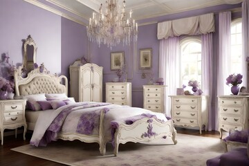 French provincial bedroom antique white lavender accents - obrazy, fototapety, plakaty