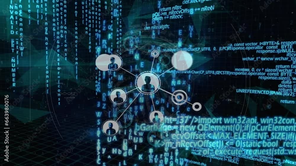 Poster animation of flowchart icons, dna helix, computer language and connected dots over black background