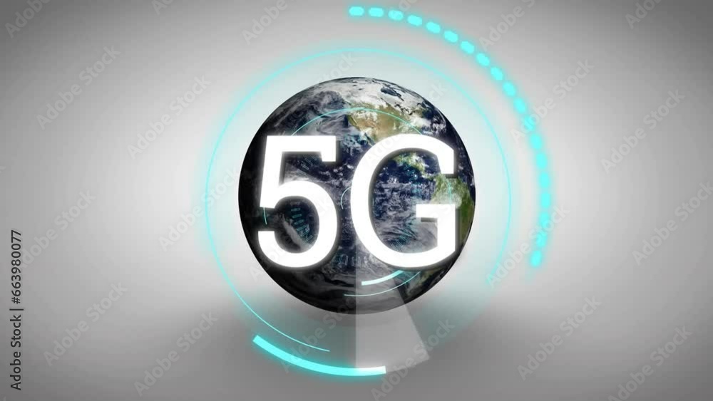 Poster animation of radar, 5g text and globe in loading circle over abstract background