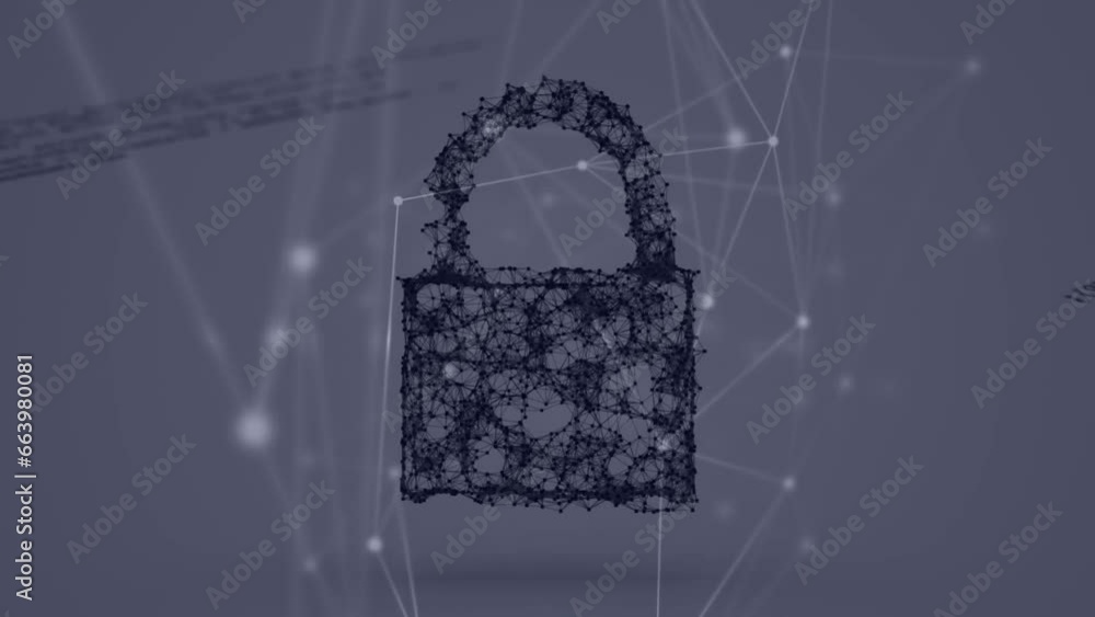 Poster animation of connected dots padlock with computer language and connected dots over white background
