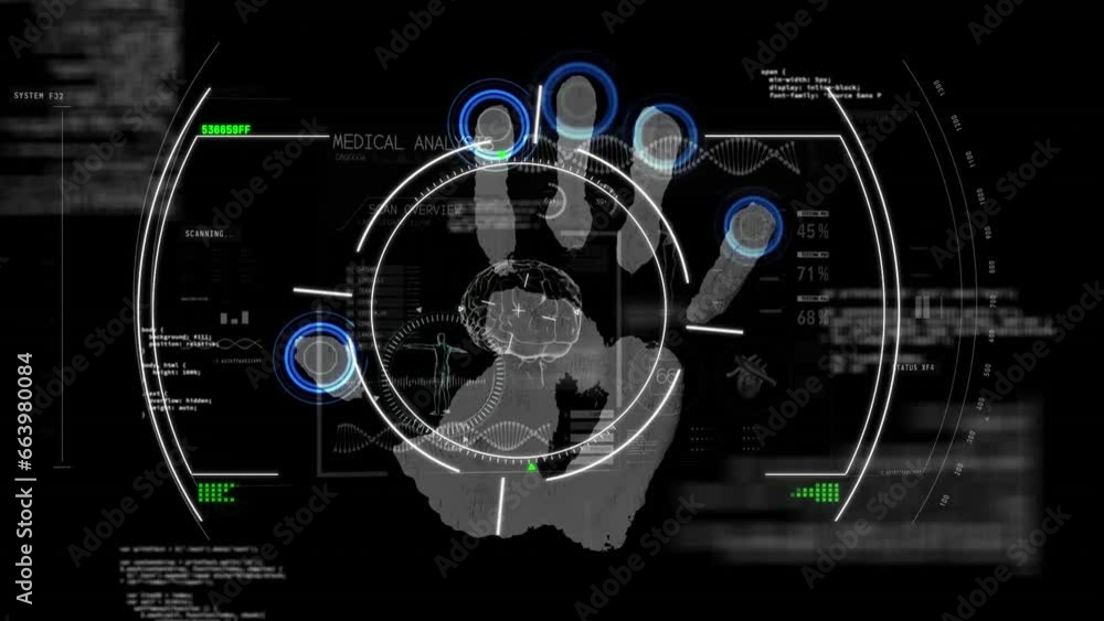 Poster animation of circles and scanning fingerprints with computer language over black background