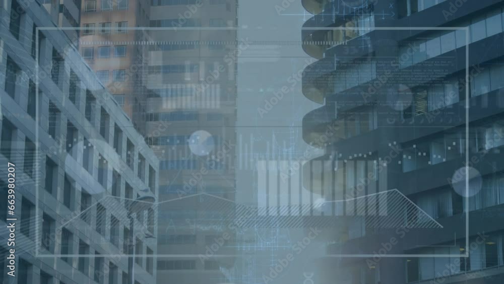 Aufkleber animation of multiple graphs, loading circles and trading board over modern buildings against sky