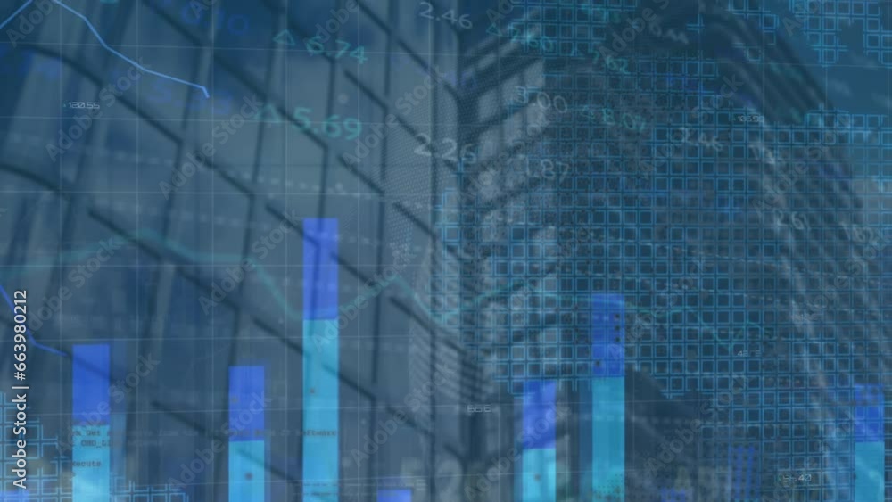 Poster animation of graphs, map and trading board over low angle view of modern buildings