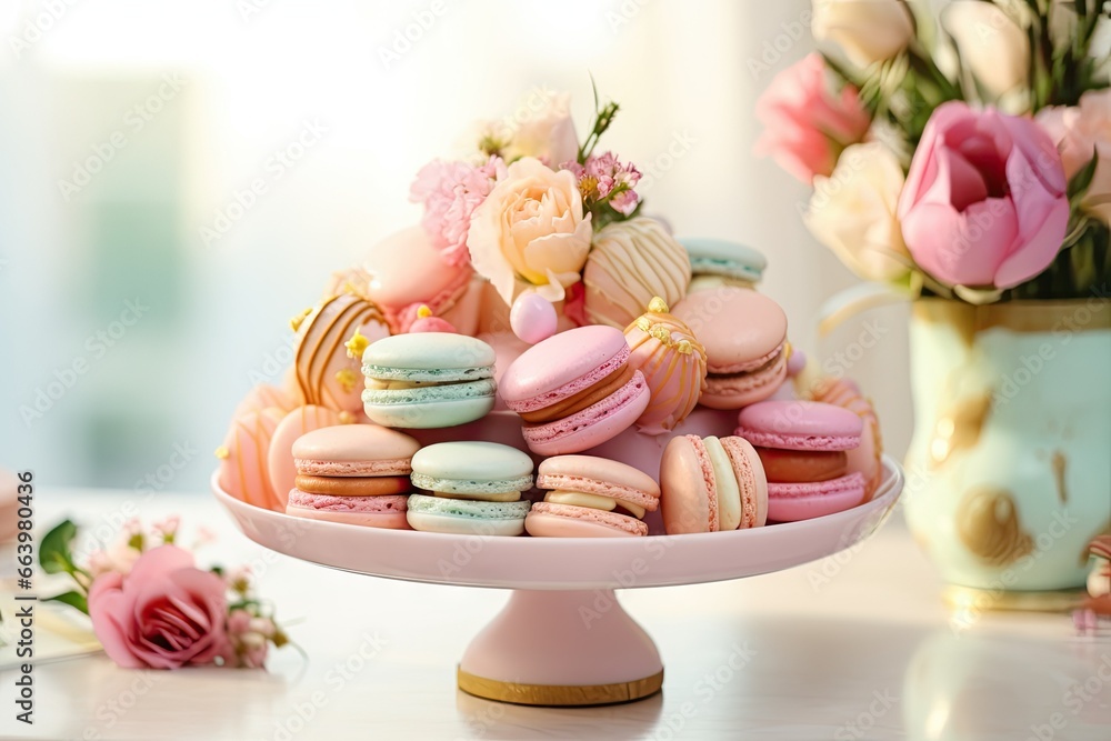 Poster a table with a cake stand filled with colorful macarons and a vase of flowers on top the background 