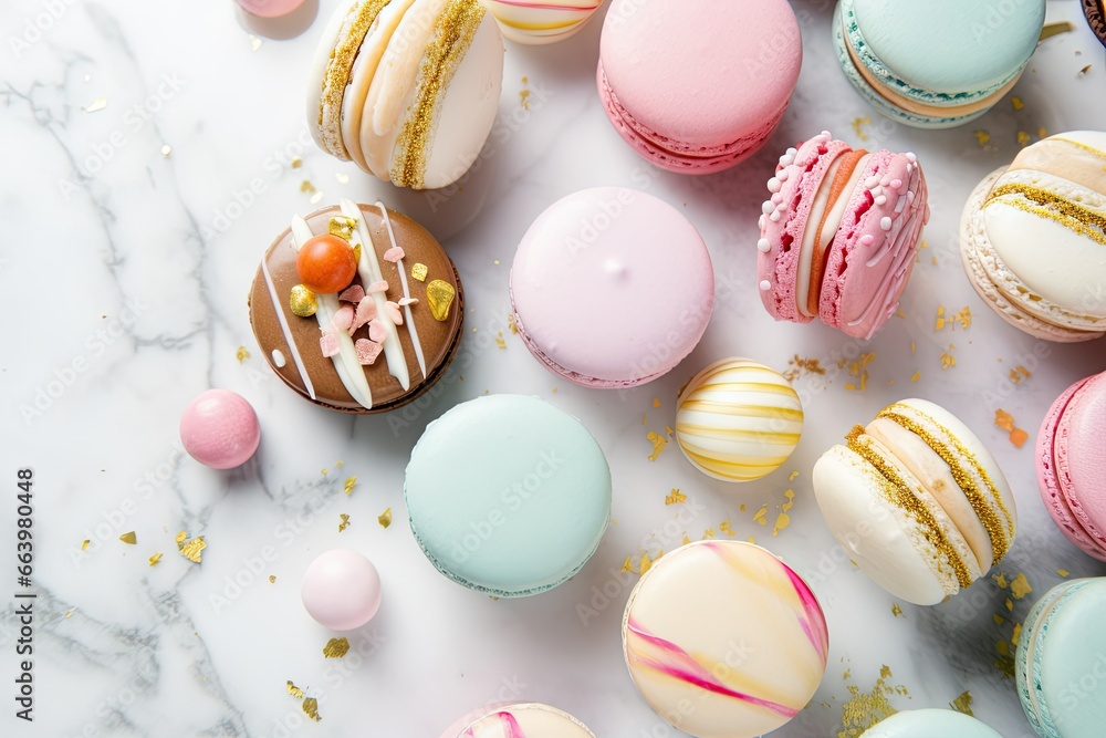 Poster a table topped with lots of different colored macaroons. generative ai