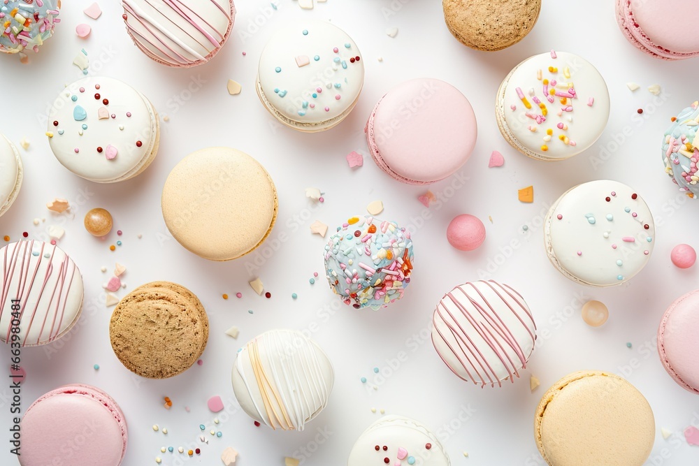 Poster a bunch of different types of macaroons on a table. generative ai