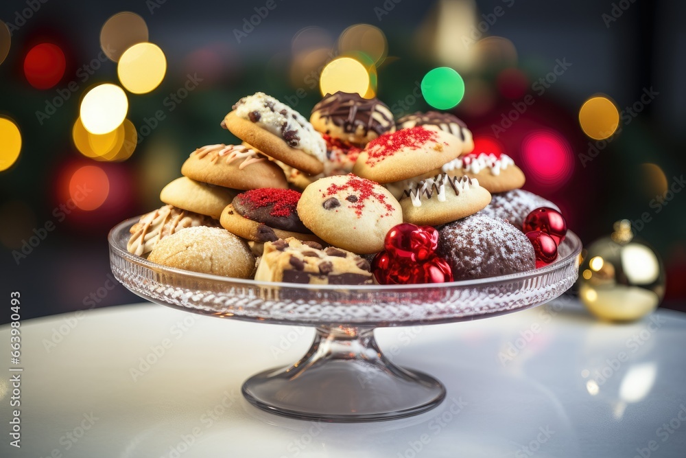 Aufkleber a plate of cookies on a table with a christmas tree in the background. generative ai